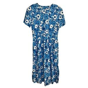 Vintage Talbots Maxi Dress Blue White Floral Sz Small 90s Retro Mod Midi Classic